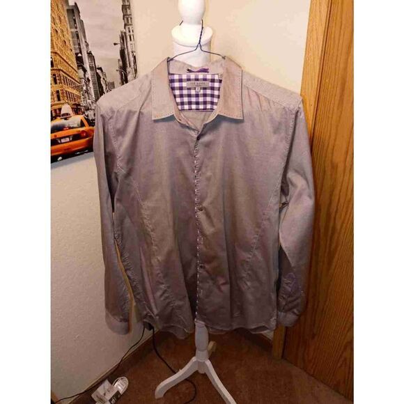 Ted Baker London Gray w/ Purple Checkered inner-Button down Long Sleeve-Size 6 - Picture 1 of 6